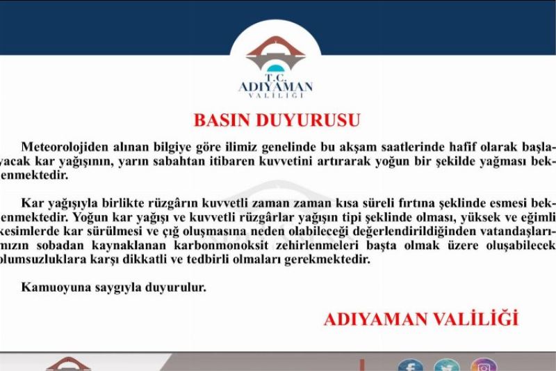 Adıyaman Valiliğinden kar uyarısı 