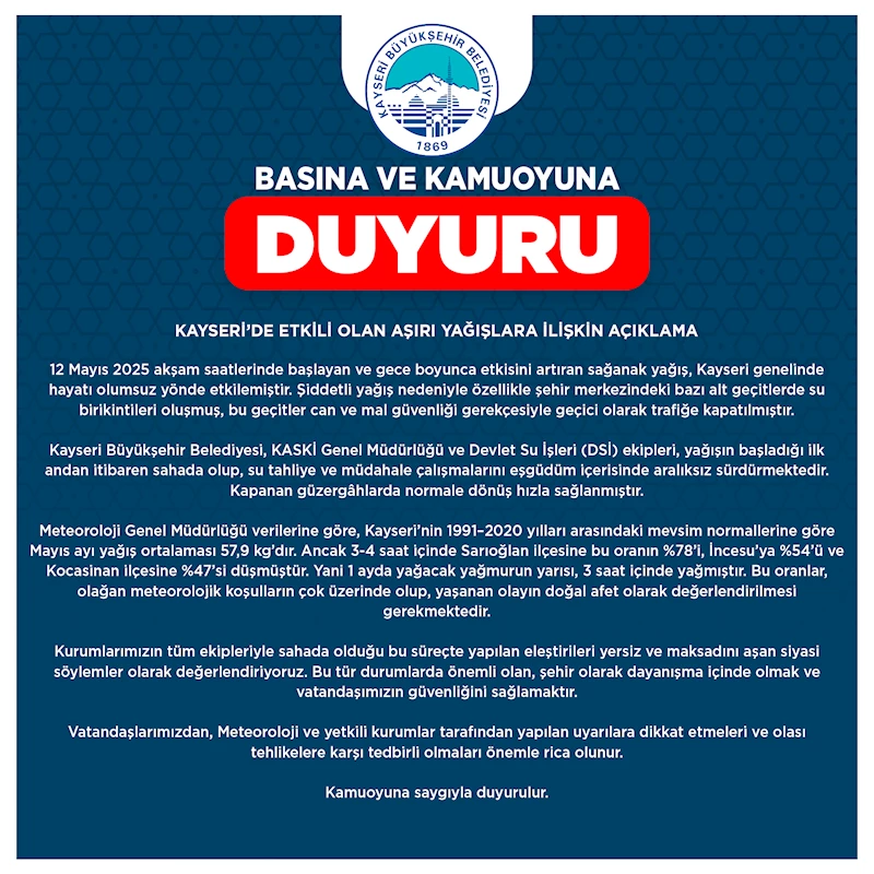 Kayseri’de Etkili Olan Aşırı Yağışlara İlişkin Açıklama