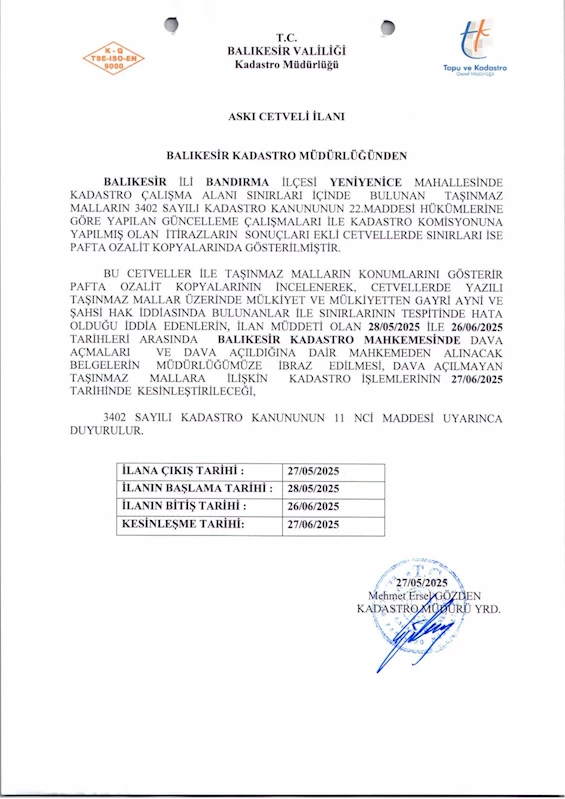 Yeniyenice Mahallesi 3402 Sayılı Kadastro Kanunun 22 inci maddesi kapsamında yapılan Kadastro güncelleme çalışması