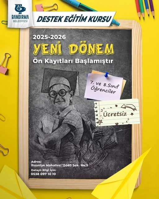 Bandırma Belediyesi Destek Eğitim Kursumuzda 2025–2026 dönemi için ön kayıtlarımız başla