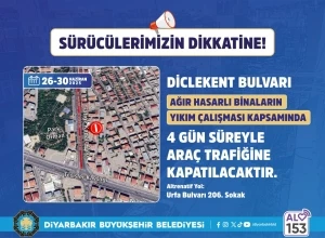 Diclekent Bulvarı’nın bir kısmı 4 gün trafiğe kapatılacak