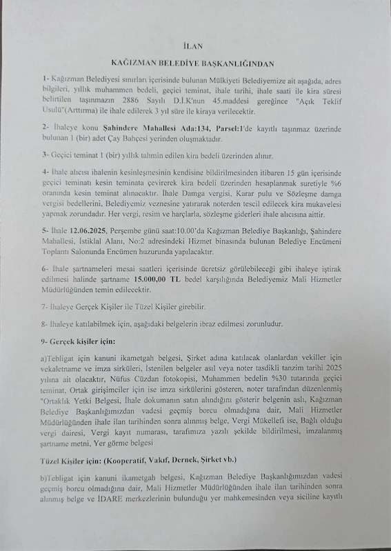 Belediye Çay Bahçesi İhale Metni