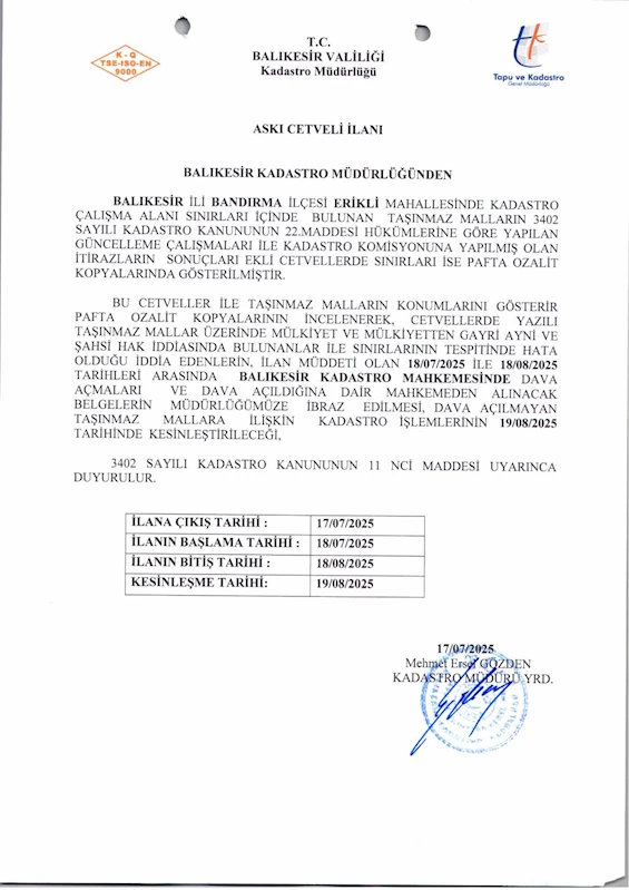 Erikli Mahallesi Kadastro Güncelleme Çalışmaları