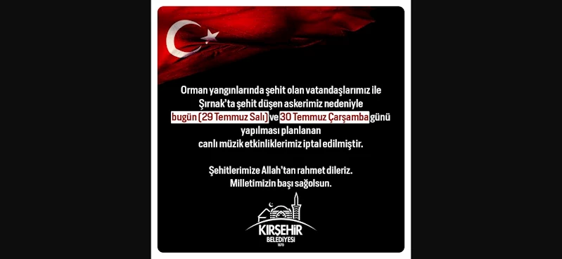 29-30 TEMMUZ TARİHLİ YAZ KONSERLERİ İPTAL EDİLDİ