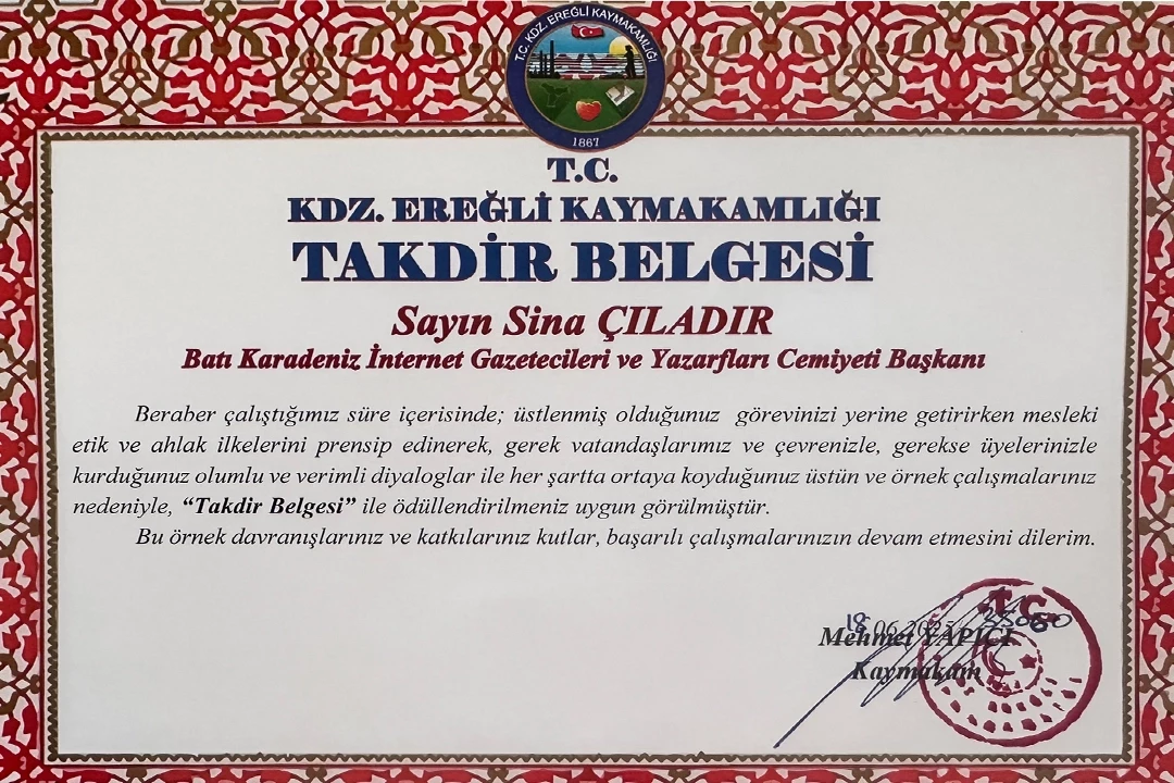 Kdz. Ereğli Kaymakamı’ndan BATİYAC Başkanı Çıladır’a takdir