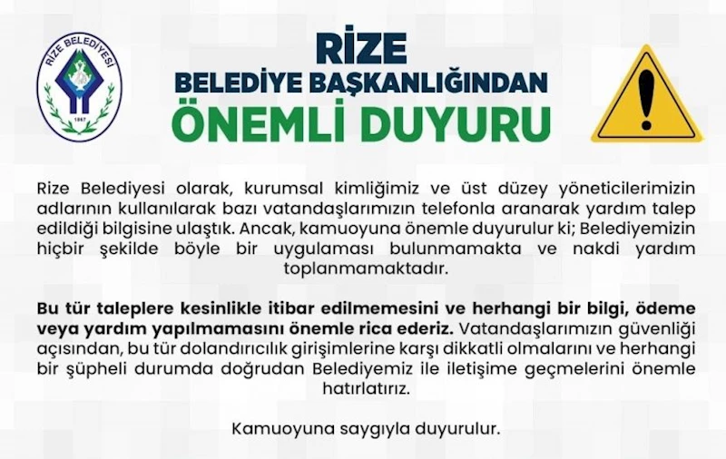 RİZE BELEDİYE BAŞKANLIĞINDAN ÖNEMLİ DUYURU