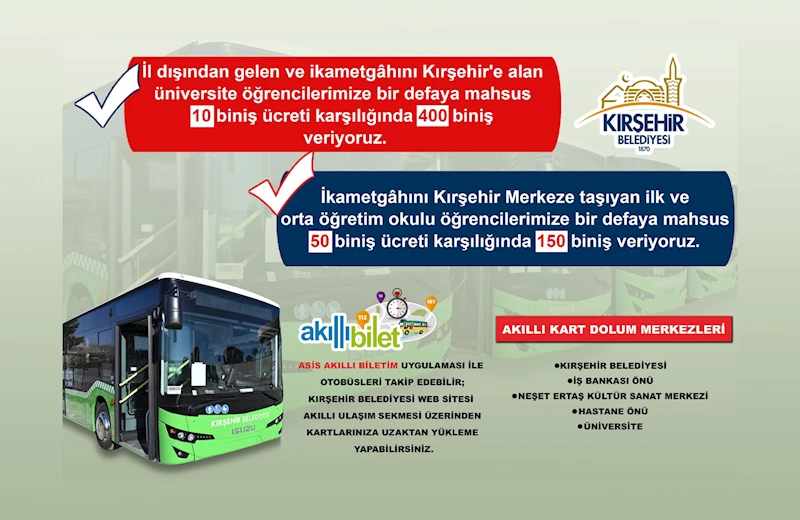 KIRŞEHİR BELEDİYESİ, İKAMETGÂHINI KIRŞEHİR’E ALAN ÖĞRENCİLERE ULAŞIM DESTEĞİ SUNUYOR